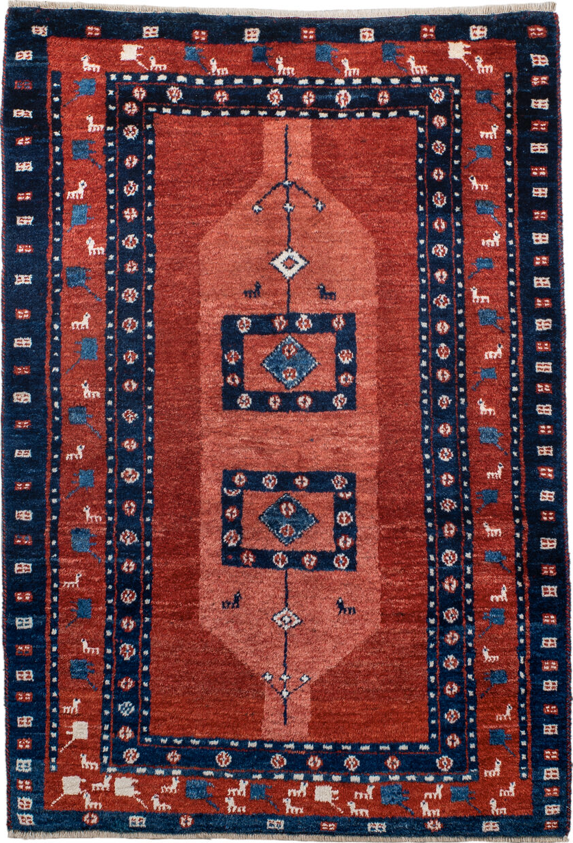 2' x 4' one-of-a-kind handmade vintage Gabbe small size rug. Color palette: black, blue, brown, gray, light gray, off-white