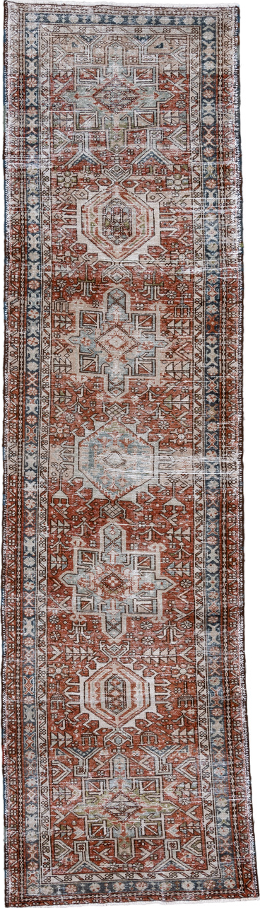 2' x 10' one-of-a-kind handmade vintage Karaje runner rug. Color palette: brown, dark gray, dim gray, gray, light gray