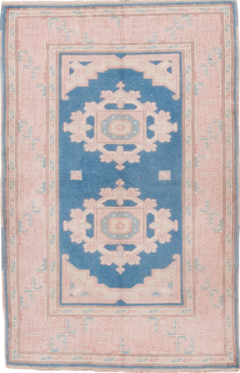 3' x 4' one-of-a-kind handmade vintage Oushak small size rug. Color palette: blue, dark gray, gray, light gray, linen
