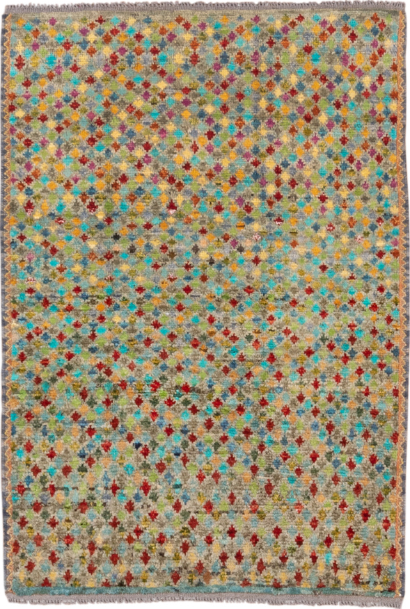 3' x 4' one-of-a-kind handmade vintage Gabbe small size rug. Color palette: blue, brown, gray, green, orange, red, yellow