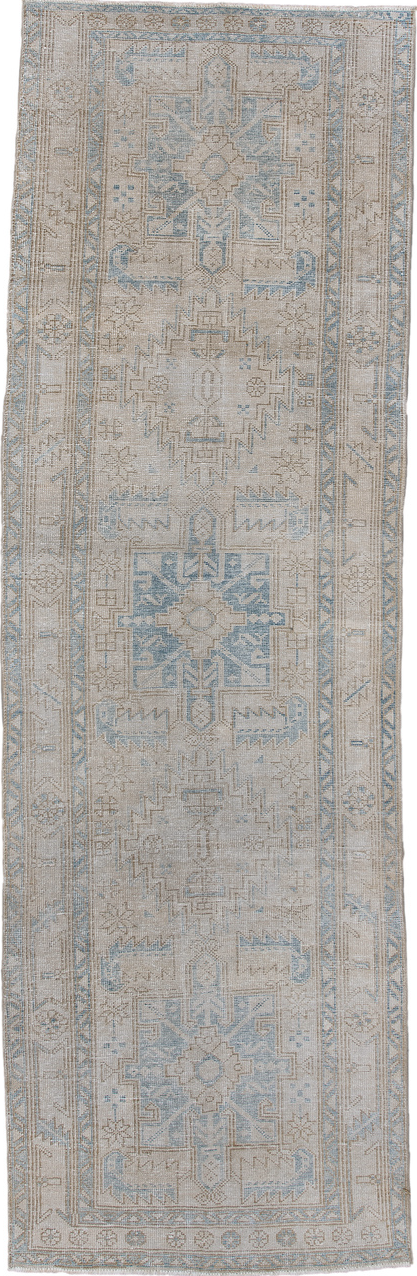 3' x 10' one-of-a-kind handmade vintage Sarab runner rug. Color palette: dark gray, dim gray, gainsboro, gray, light gray