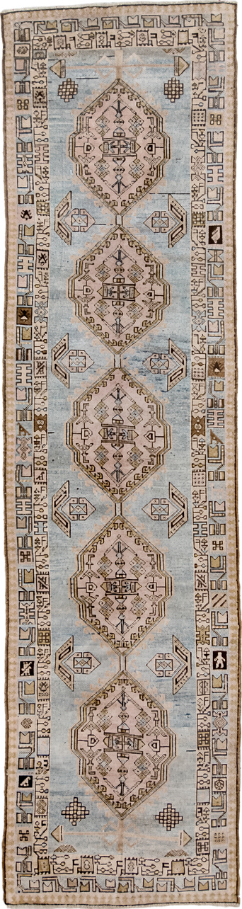3' x 11' one-of-a-kind handmade vintage Anatol runner rug. Color palette: black, brown, dark gray, gray, light gray