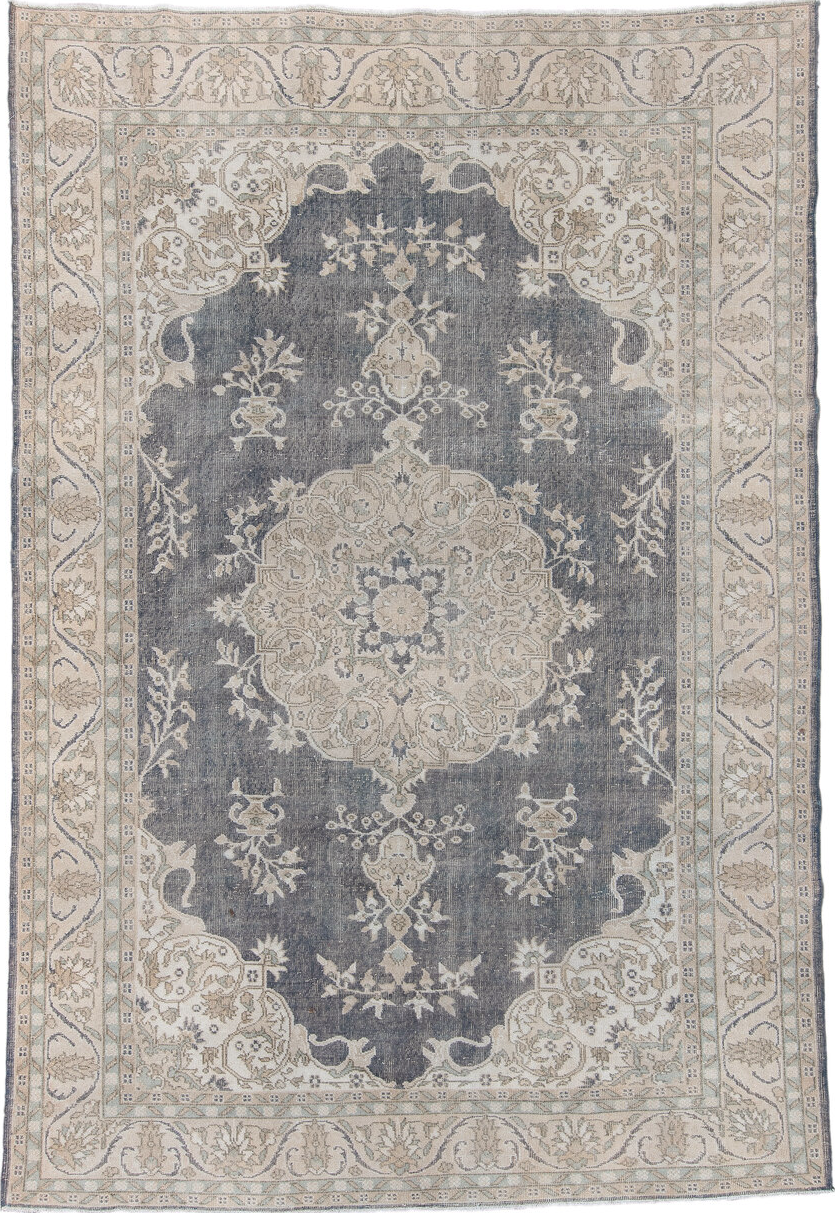 7' x 11' one-of-a-kind handmade vintage Sparta large size rug. Color palette: black, charcoal, dark gray, dim gray