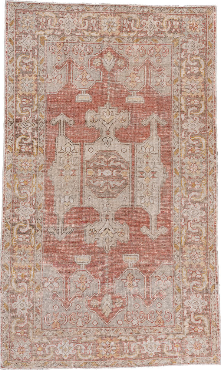 4' x 7' one-of-a-kind handmade vintage Oushak rug. Color palette: brown, gray, light gray, off-white, orange, pink