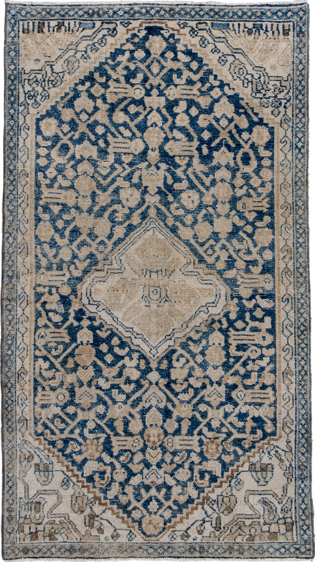 2' x 5' one-of-a-kind handmade vintage Hamadan small size rug. Color palette: arapawa, blue, brown, dark gray, dim gray