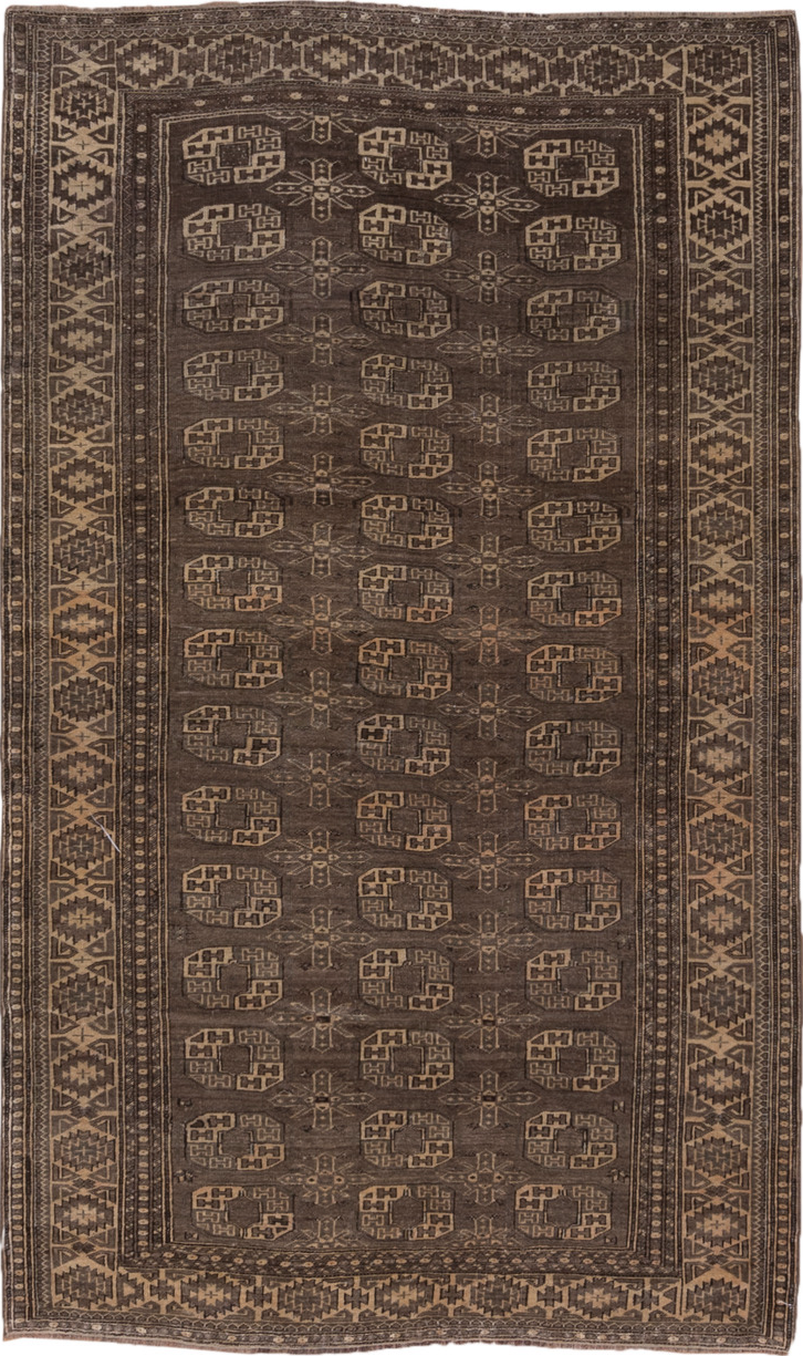 4' x 7' one-of-a-kind handmade vintage Afghan rug. Color palette: brown, gray, pink