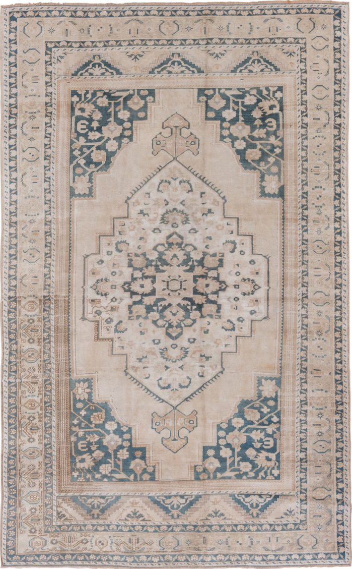 6' x 10' one-of-a-kind handmade vintage Oushak large size rug. Color palette: blue, dim gray, gainsboro, gray, light gray