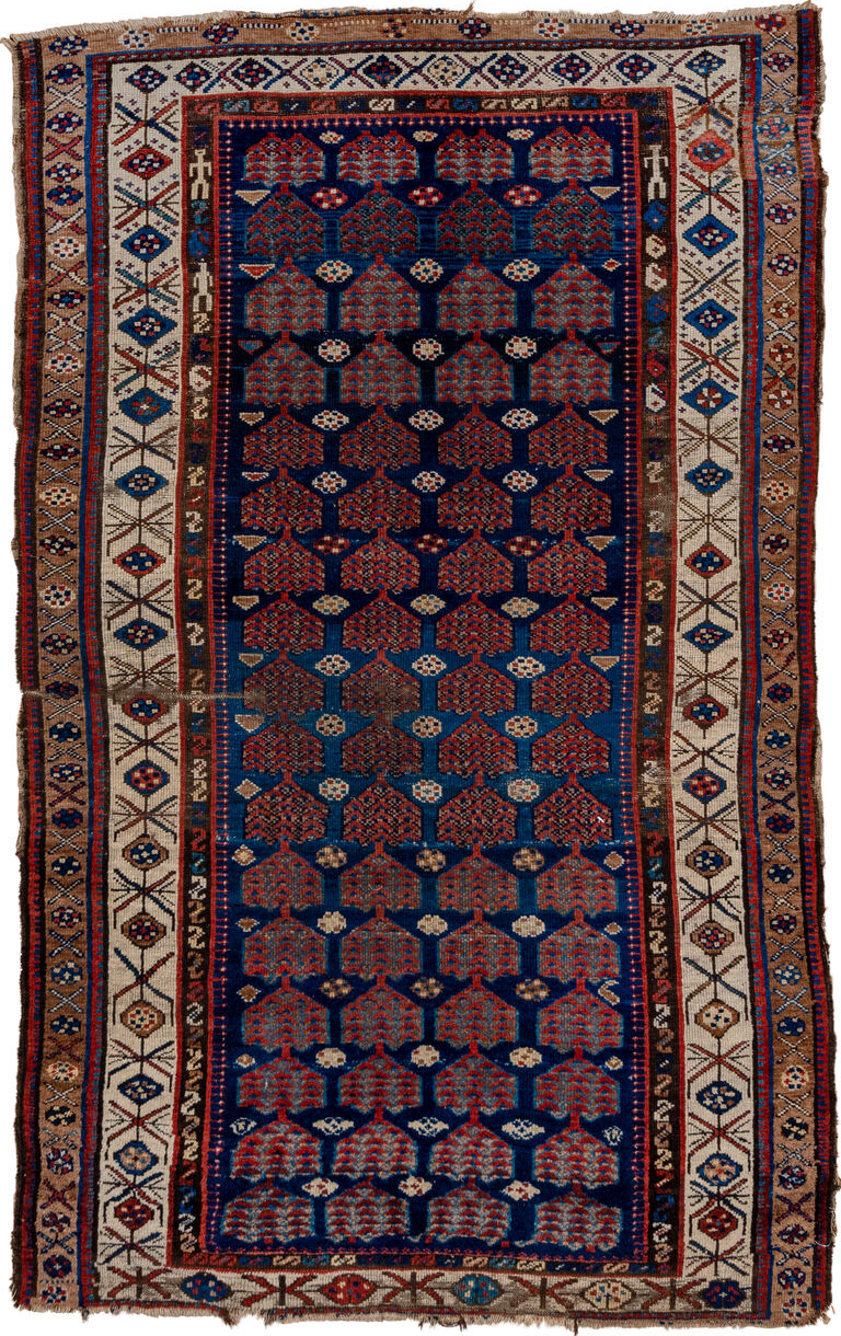 5' x 8' one-of-a-kind handmade vintage Kurd medium size rug. Color palette: blue, brown, dim gray, gray, pink, red