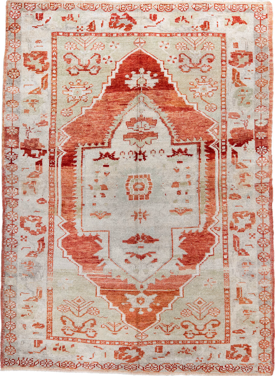 3' x 4' one-of-a-kind handmade vintage Anatol small size rug. Color palette: antiquewhite, brown, dark red, dark salmon