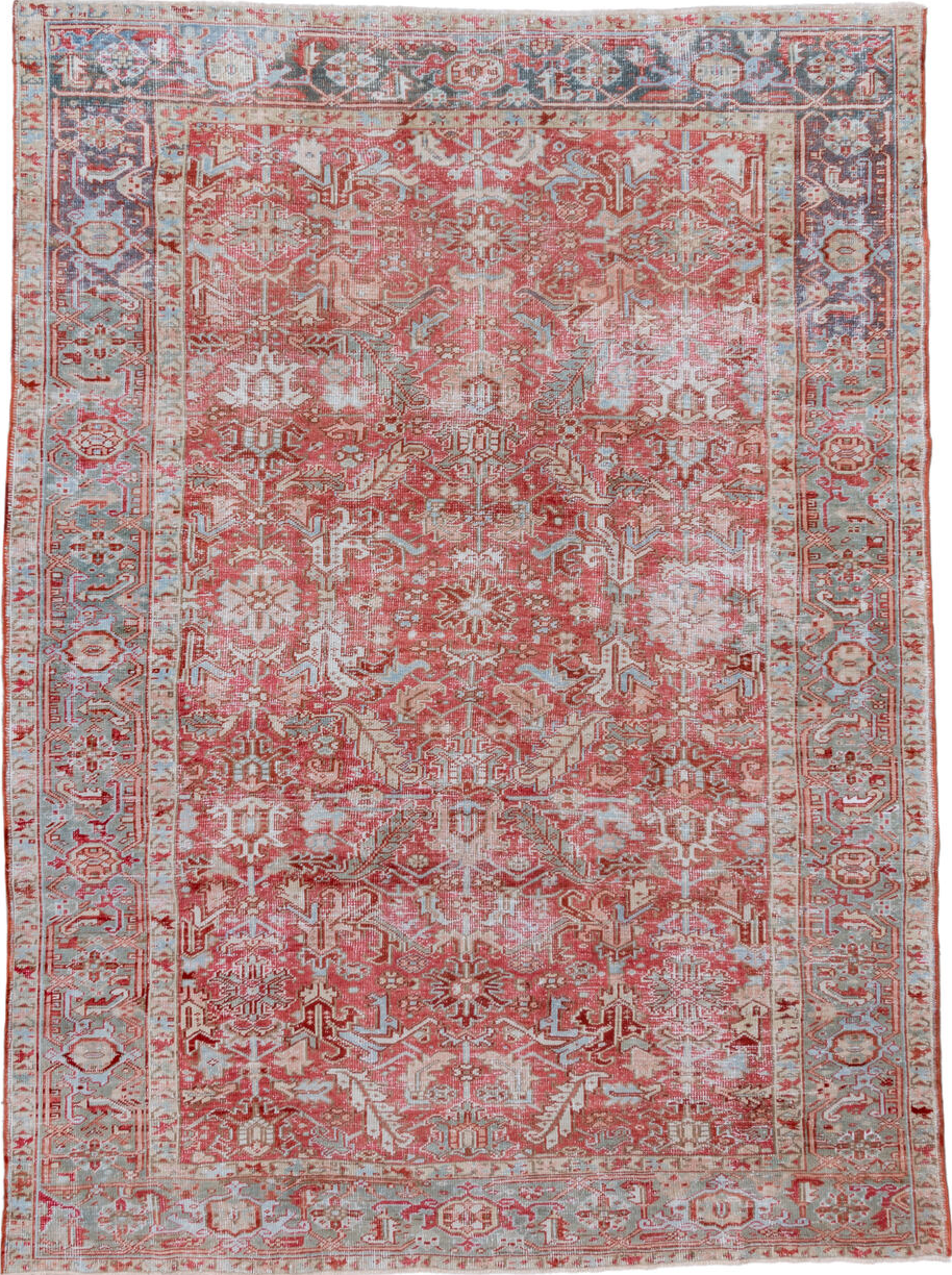 7' x 10' one-of-a-kind handmade vintage Heriz large size rug. Color palette: brown, dark gray, gainsboro, gray, light gray