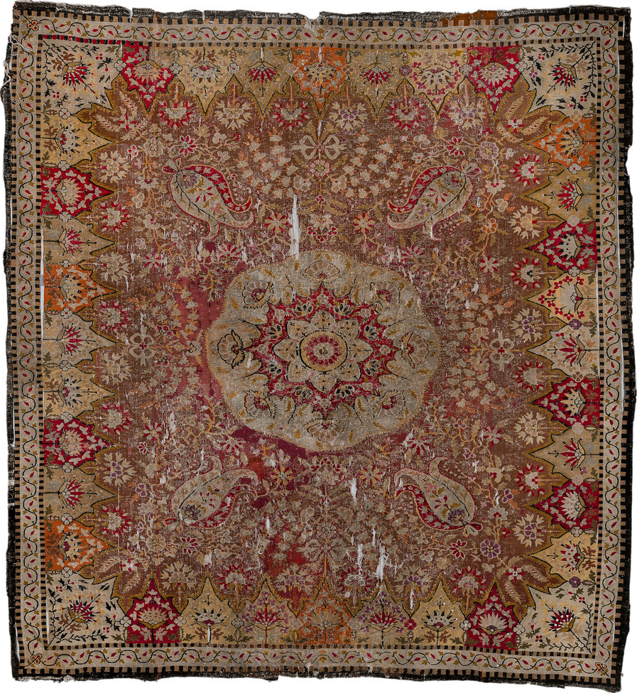 12' x 13' one-of-a-kind handmade vintage Aubusson oversize rug. Color palette: black, brown, burgundy, dark gray, gray