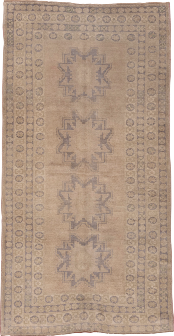 5' x 9' one-of-a-kind handmade vintage Oushak medium size rug. Color palette: brown, gray, light gray, off-white, pink, snow