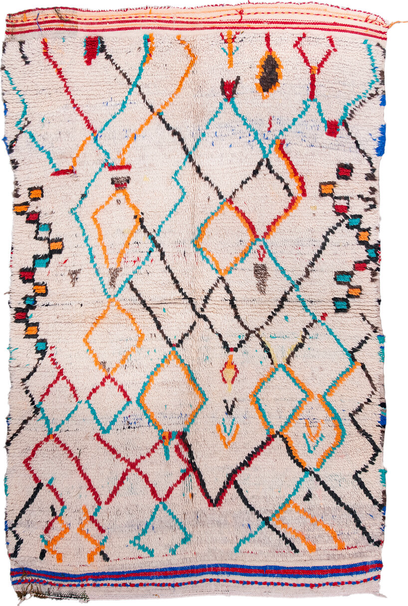 4' x 6' one-of-a-kind handmade vintage Moroccan small size rug. Color palette: pink, gray, red, brown, light gray, off-white