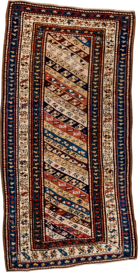2' x 5' one-of-a-kind handmade vintage Caucasian small size rug. Color palette: black, blue, brown, gray, red
