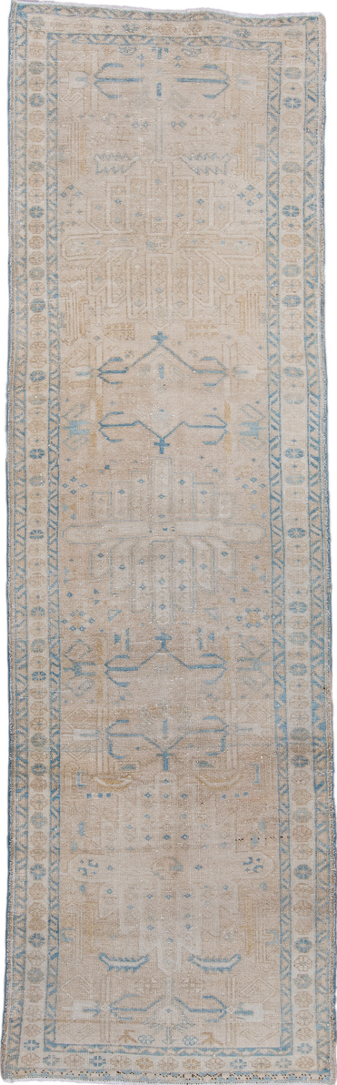 3' x 9' one-of-a-kind handmade vintage Malayer runner rug. Color palette: blue, gainsboro, gray, light gray, off-white, pink