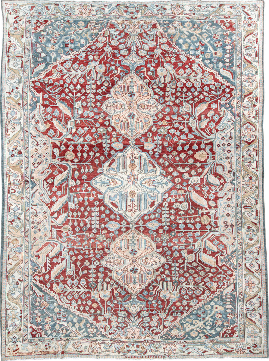 10' x 13' one-of-a-kind handmade vintage Anatol large size rug. Color palette: brown, red, gray, pink, light gray, off-white