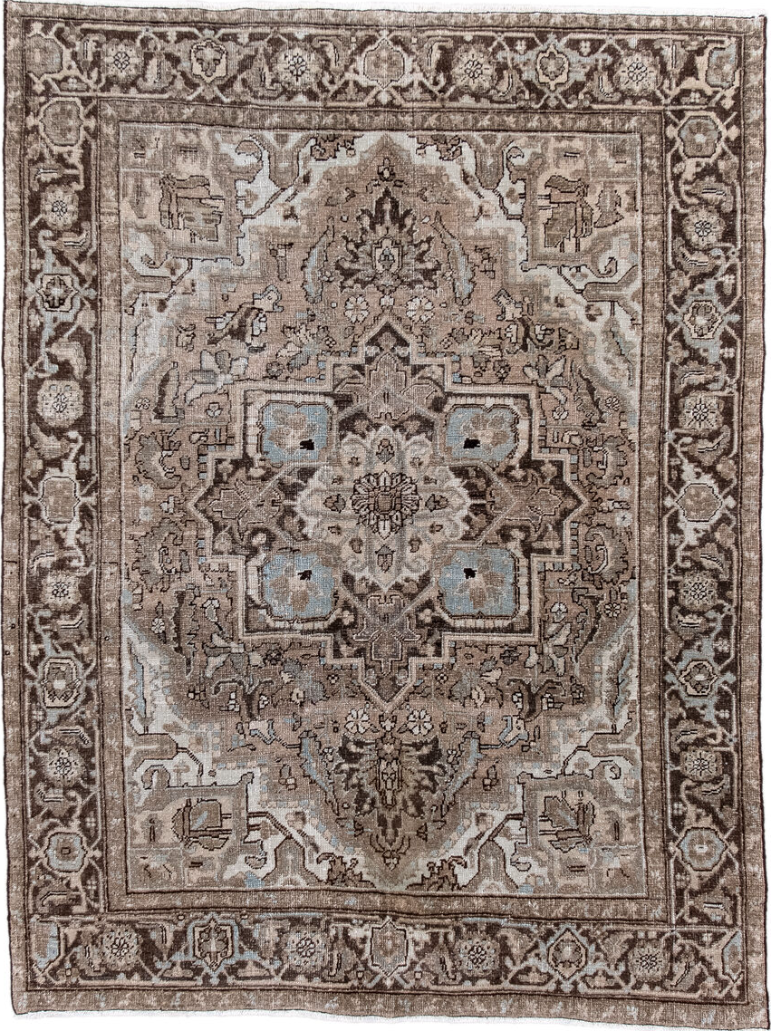 4' x 6' one-of-a-kind handmade vintage Heriz small size rug. Color palette: black, brown, gray, light gray, off-white, pink