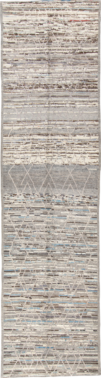 3' x 12' one-of-a-kind handmade vintage Tulu runner rug. Color palette: blue, dark gray, gray, light gray, off-white, silver