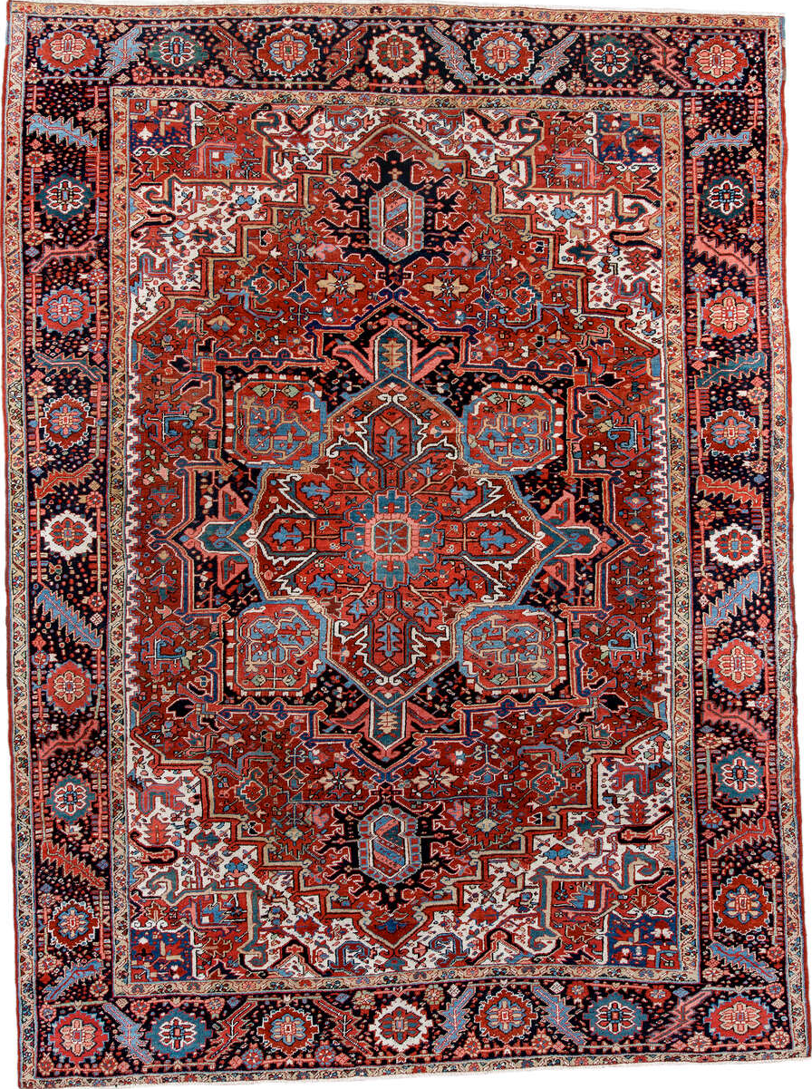 8' x 11' one-of-a-kind handmade vintage Heriz large size rug. Color palette: blue, brown, gainsboro, gray, green, indian red