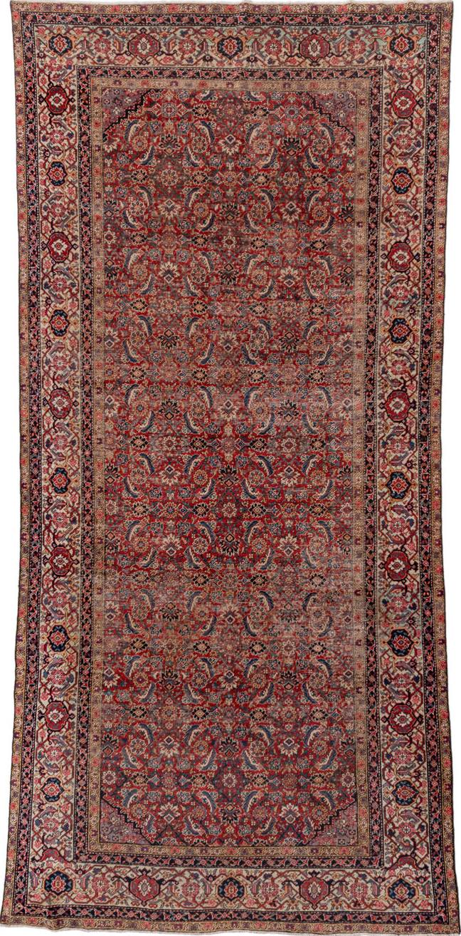 5' x 12' one-of-a-kind handmade vintage Farahan rug. Color palette: brown, gray, pink, red