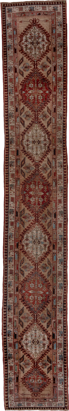 2' x 17' one-of-a-kind handmade vintage Sarab runner rug. Color palette: brown, dim gray, gray, off-white, pink, red
