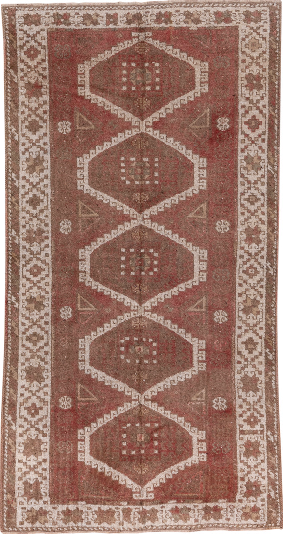 4' x 8' one-of-a-kind handmade vintage Oushak rug. Color palette: brown, gray, light gray, off-white, pink, red, redwood