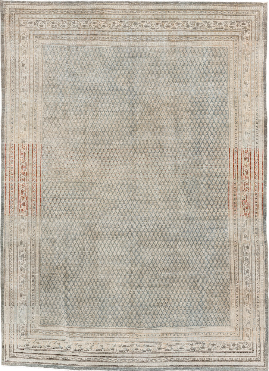 7' x 10' one-of-a-kind handmade vintage Mir large size rug. Color palette: gray, off-white, pink, light gray