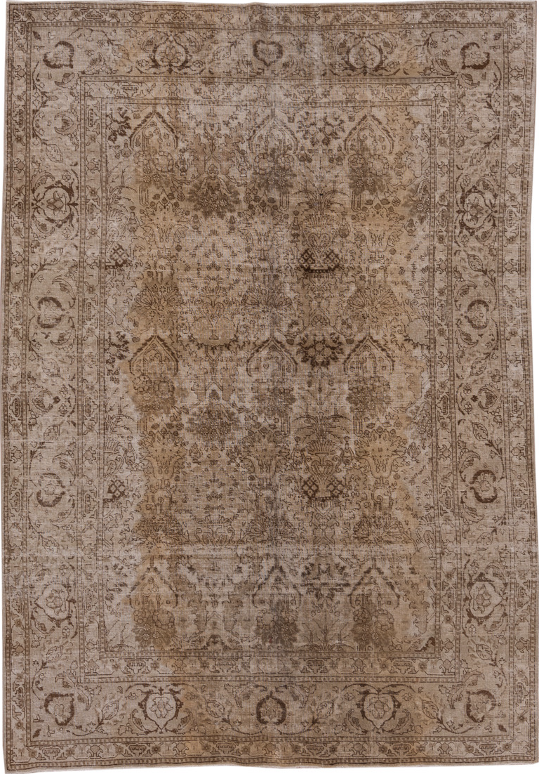 6' x 8' one-of-a-kind handmade vintage Tabriz medium size rug. Color palette: brown, gray, light gray, off-white, pink, snow