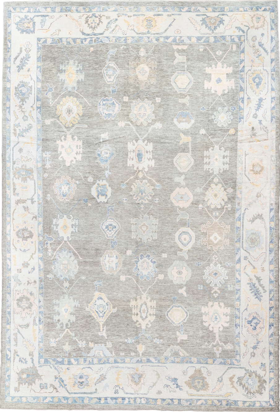 13' x 20' one-of-a-kind handmade vintage Oushak oversize rug. Color palette: antiquewhite, dark gray, gainsboro, gray