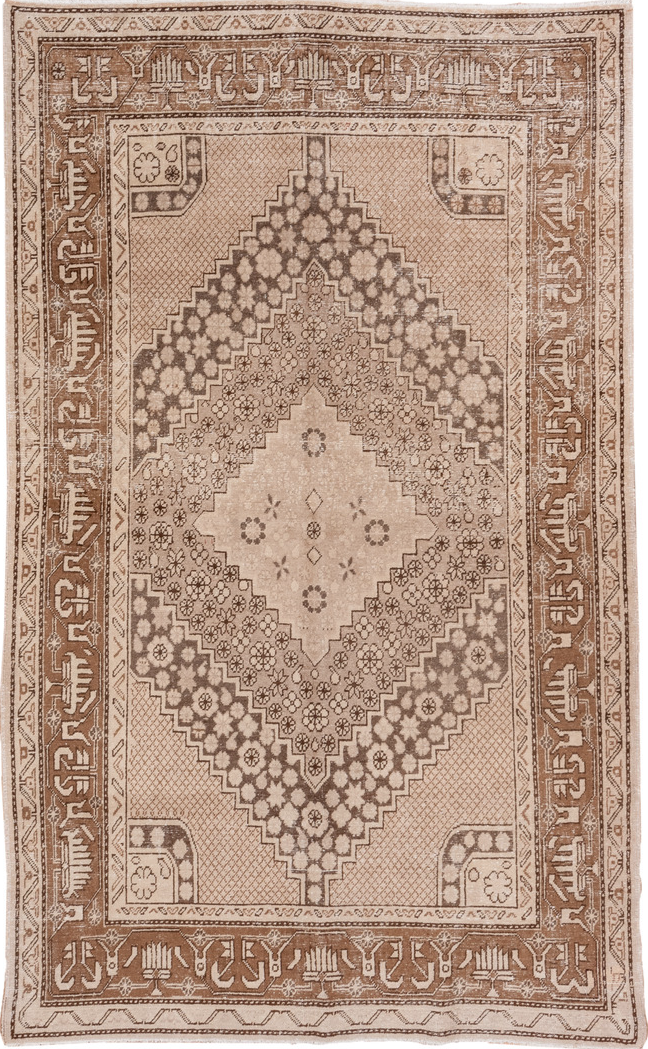 5' x 8' one-of-a-kind handmade vintage Khotan medium size rug. Color palette: brown, gray, light gray, off-white, orange