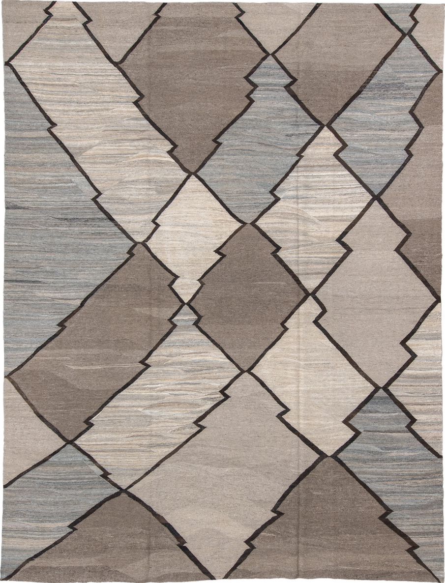 10' x 13' one-of-a-kind handmade vintage Tulu large size rug. Color palette: gray, light gray, off-white, black, silver