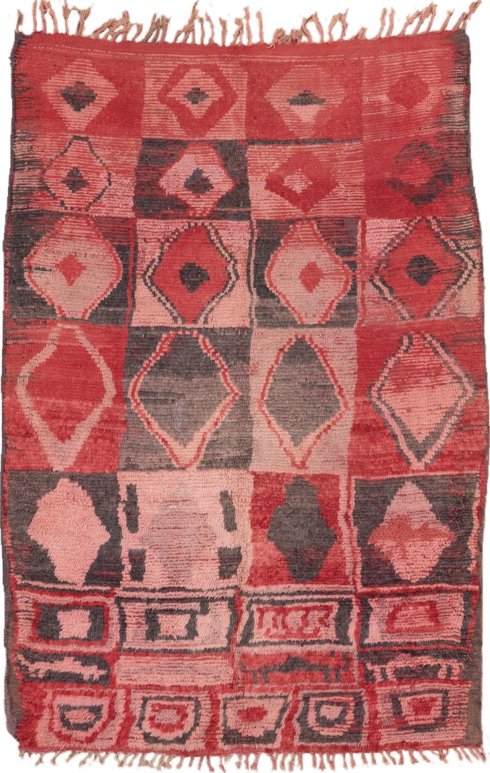 5' x 6' one-of-a-kind handmade vintage Moroccan rug. Color palette: brown, gray, indian red, pink, red, wine