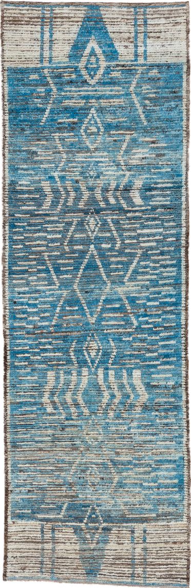 3' x 9' one-of-a-kind handmade vintage Tulu runner rug. Color palette: gray, black, light gray, off-white, blue, light blue
