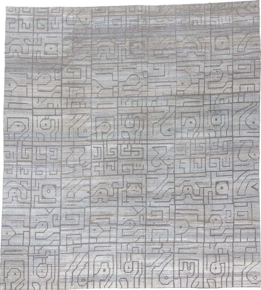 12' x 13' one-of-a-kind handmade vintage Tulu oversize rug. Color palette: black, dark gray, dim gray, gainsboro, gray