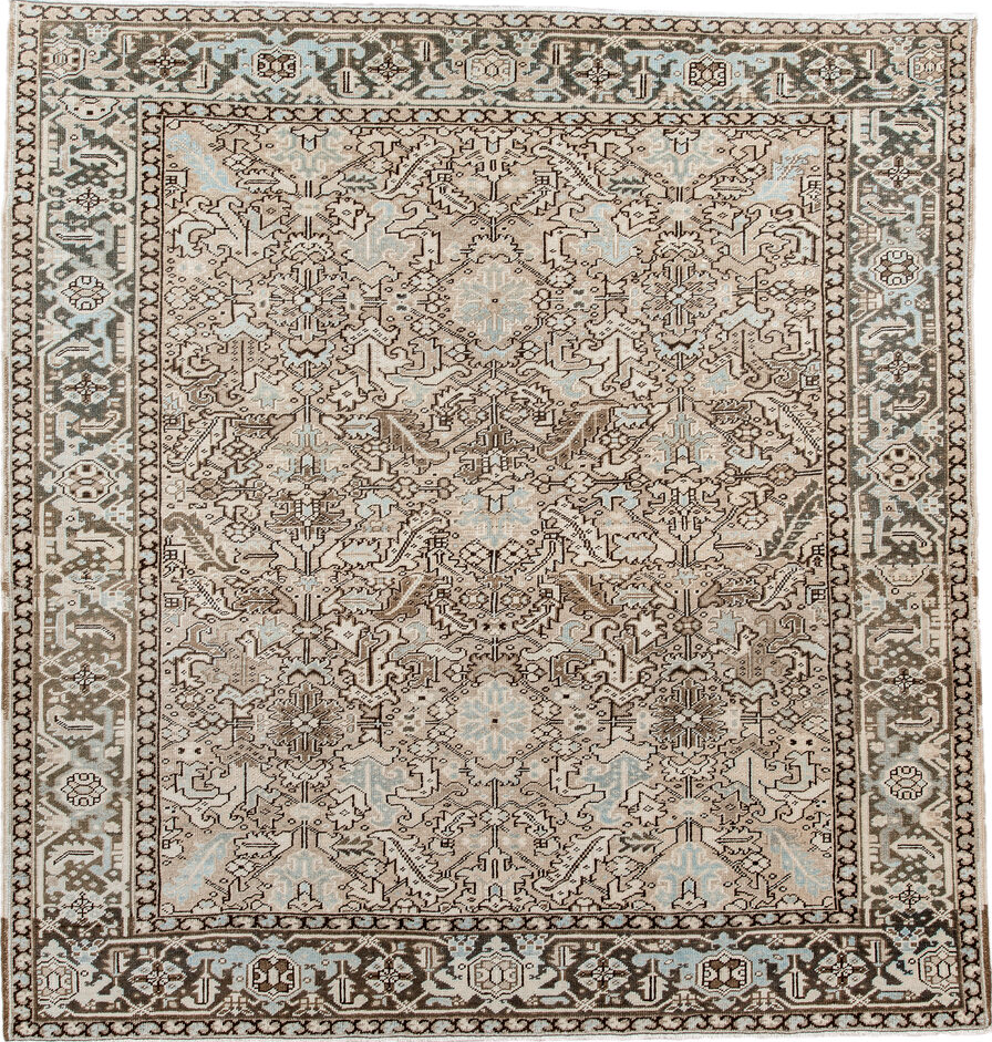 7' x 8' one-of-a-kind handmade vintage Heriz rug. Color palette: black, brown, gray, light gray, off-white, pink, silver