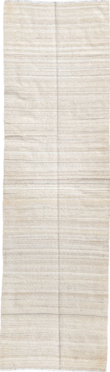 2' x 9' one-of-a-kind handmade vintage Kilim runner rug. Color palette: gainsboro, gray, light gray, linen, off-white, pink