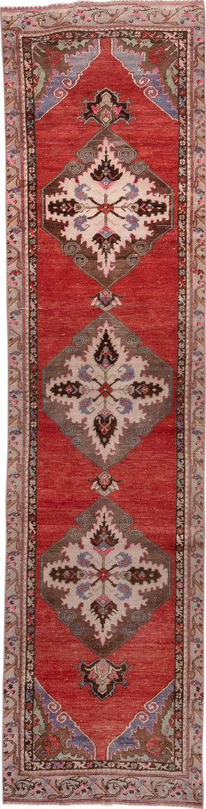 2' x 10' one-of-a-kind handmade vintage Oushak runner rug. Color palette: brown, gray, indian red, pink, red, redwood