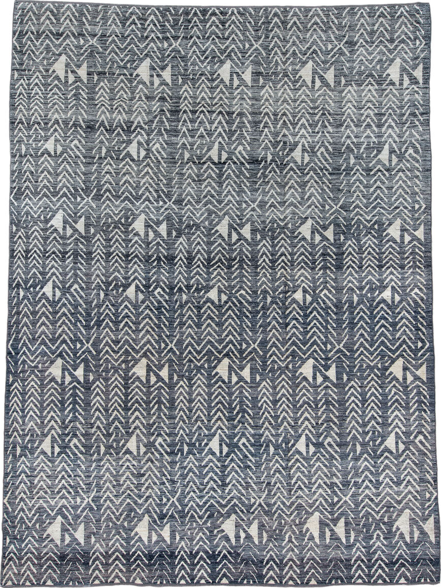 10' x 14' one-of-a-kind handmade vintage Tulu large size rug. Color palette: black, blue, dark gray, gray, light blue