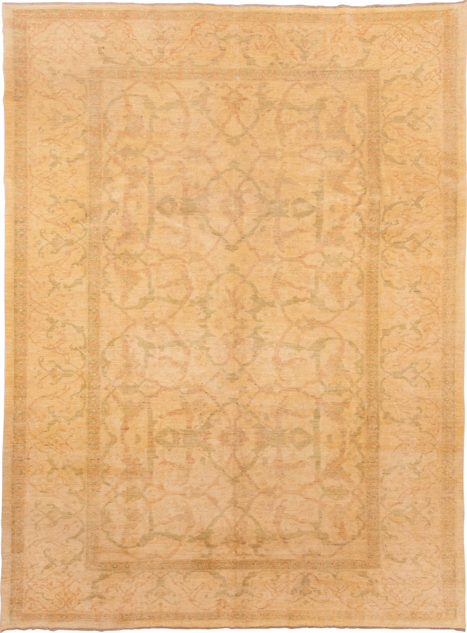 10' x 14' one-of-a-kind handmade vintage Polonase large size rug. Color palette: brown, burlywood, navajo white, off-white