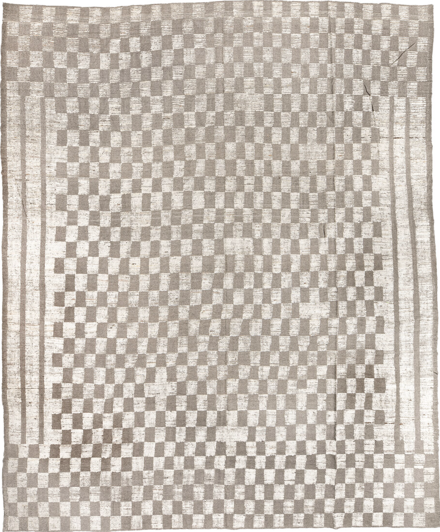 13' x 16' one-of-a-kind handmade vintage Tulu oversize rug. Color palette: floral white, gainsboro, gray, light gray, linen