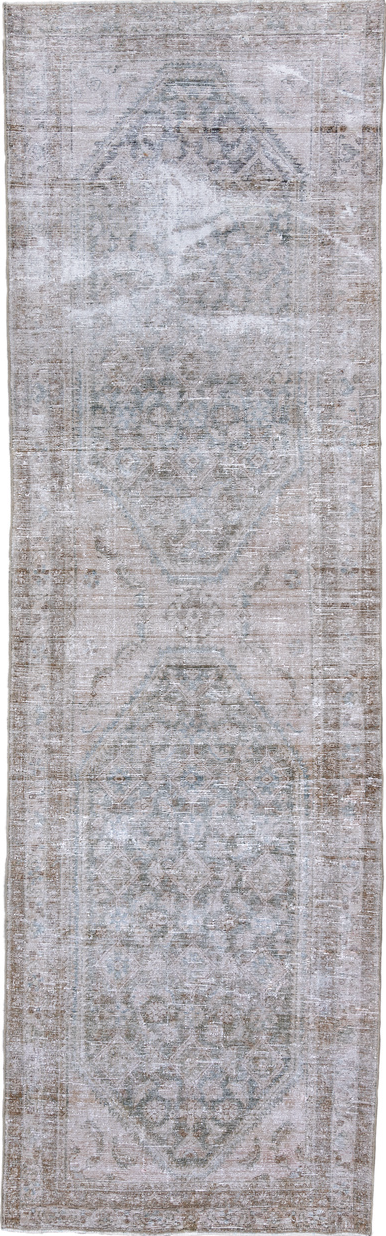 3' x 12' one-of-a-kind handmade vintage Malayer runner rug. Color palette: gray, light gray, off-white, light blue, black