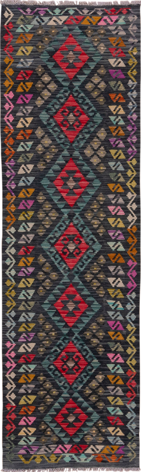 2' x 8' one-of-a-kind handmade vintage Kilim runner rug. Color palette: black, blue, brown, burgundy, gray, pink, red