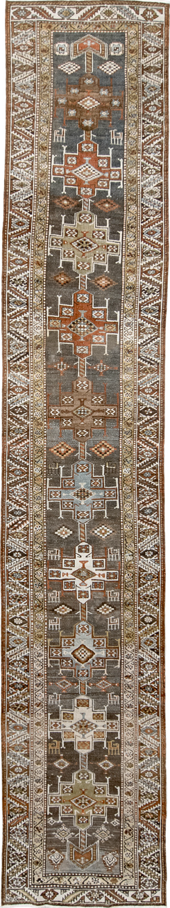 2' x 14' one-of-a-kind handmade vintage Heriz runner rug. Color palette: antiquewhite, brown, dark gray, gainsboro, gray
