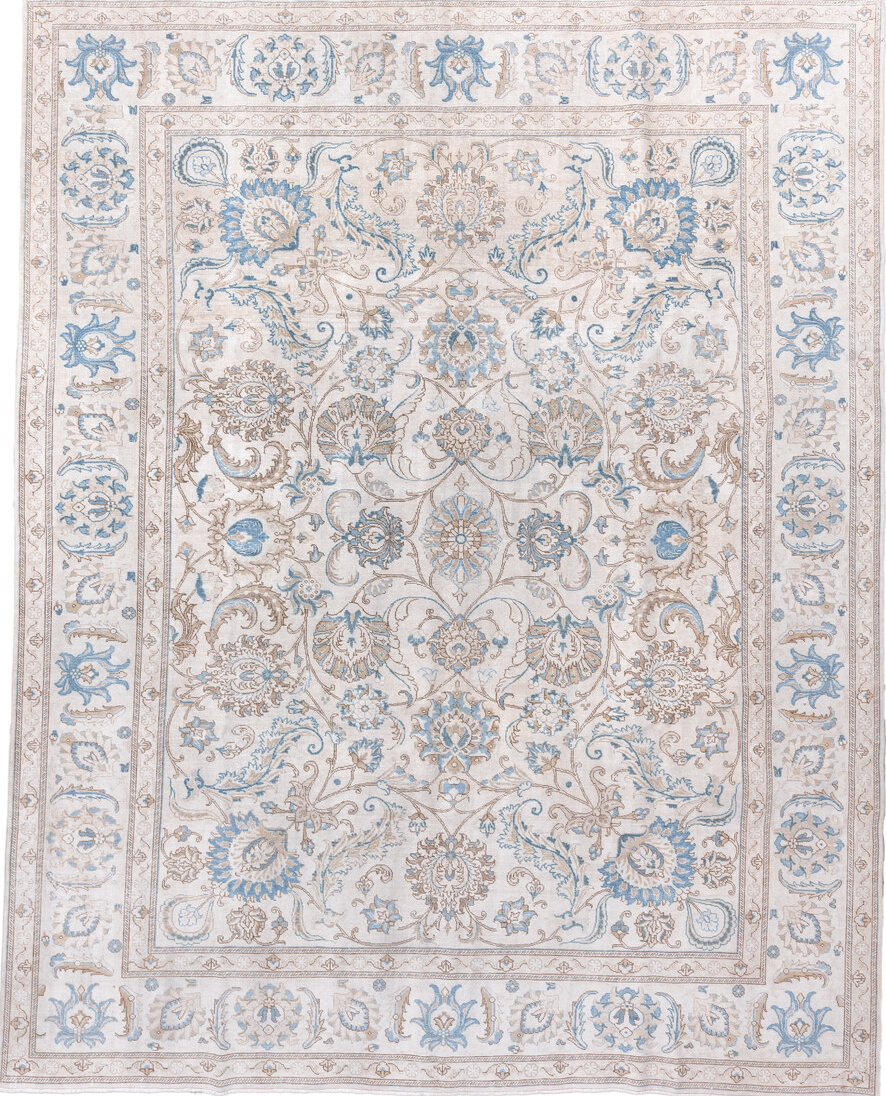 10' x 13' one-of-a-kind handmade vintage Tabriz large size rug. Color palette: gray, light blue, light gray