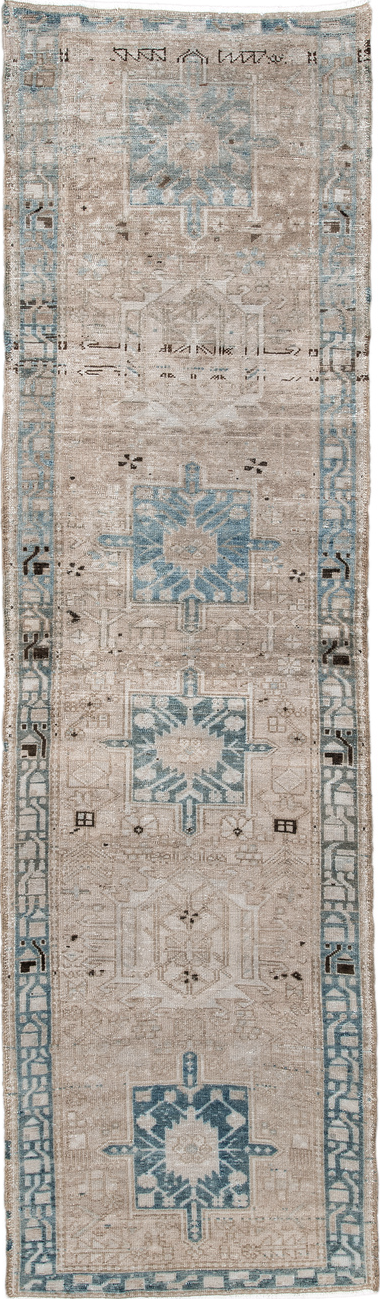 2' x 9' one-of-a-kind handmade vintage Karaje runner rug. Color palette: blue, brown, dark gray, gainsboro, gray, light gray