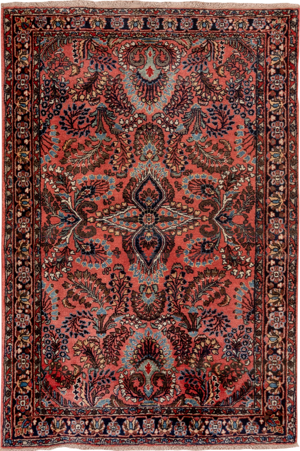 3' x 5' one-of-a-kind handmade vintage Sarouk small size rug. Color palette: black, blue, brown, gray, pink, red, redwood