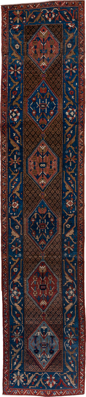 2' x 13' one-of-a-kind handmade vintage Sarab runner rug. Color palette: black, blue, brown, gray, off-white, pink, red