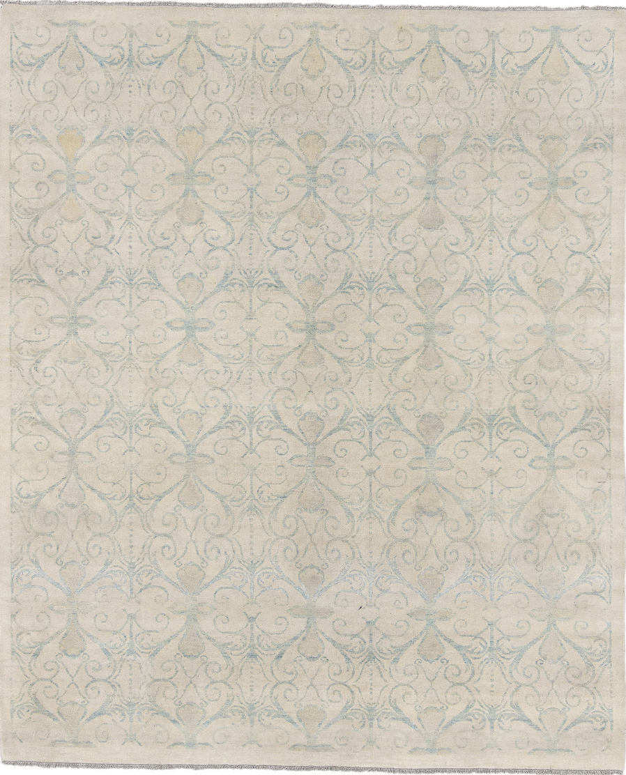 8' x 9' one-of-a-kind handmade vintage European rug. Color palette: brown, gainsboro, gray, light gray, off-white, silver