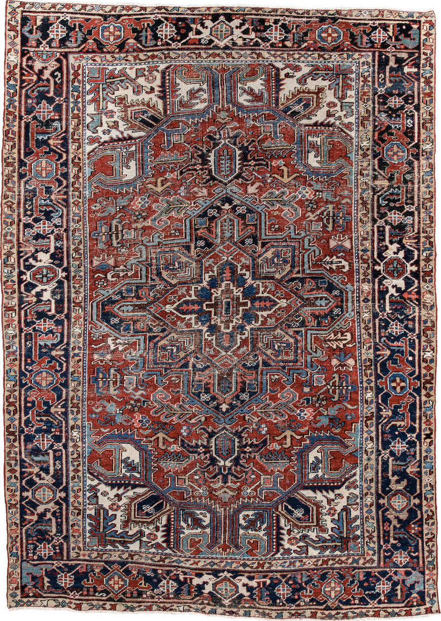 6' x 9' one-of-a-kind handmade vintage Heriz medium size rug. Color palette: antiquewhite, blue, brown, dark gray, gray