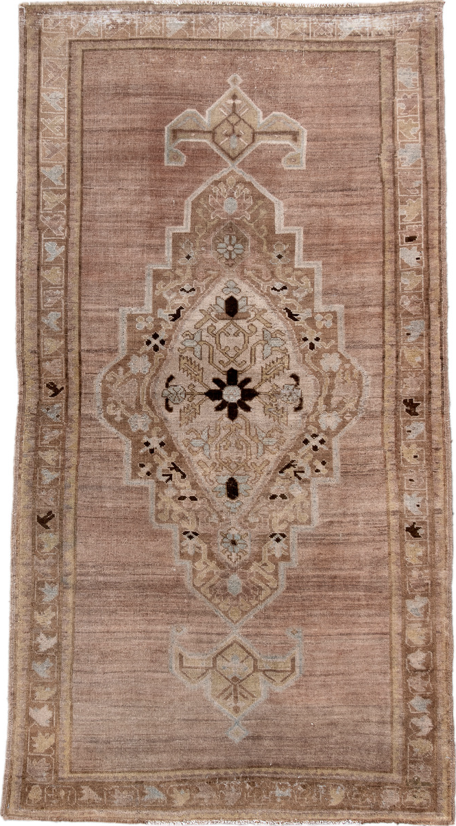 3' x 7' one-of-a-kind handmade vintage Oushak rug. Color palette: black, brown, gray, light gray, off-white, orange, pink